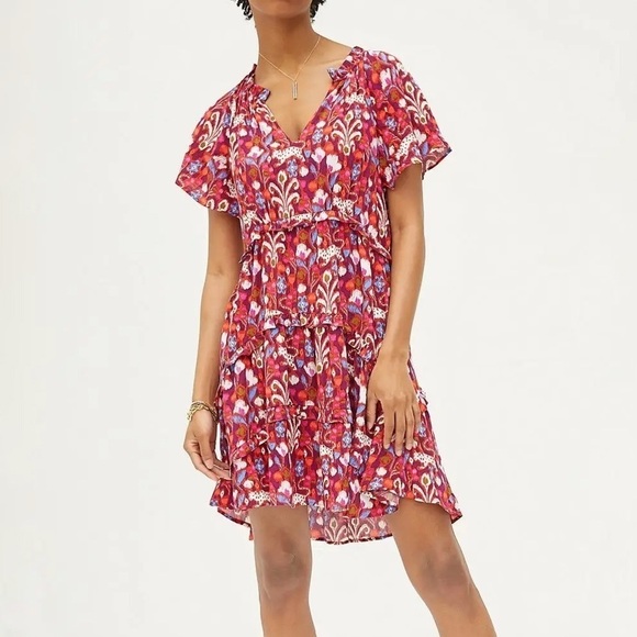 Anthropologie Dresses & Skirts - By Anthropologie Robin Tiered Ruffled Mini Dress - RedPink Floral Print - Size S